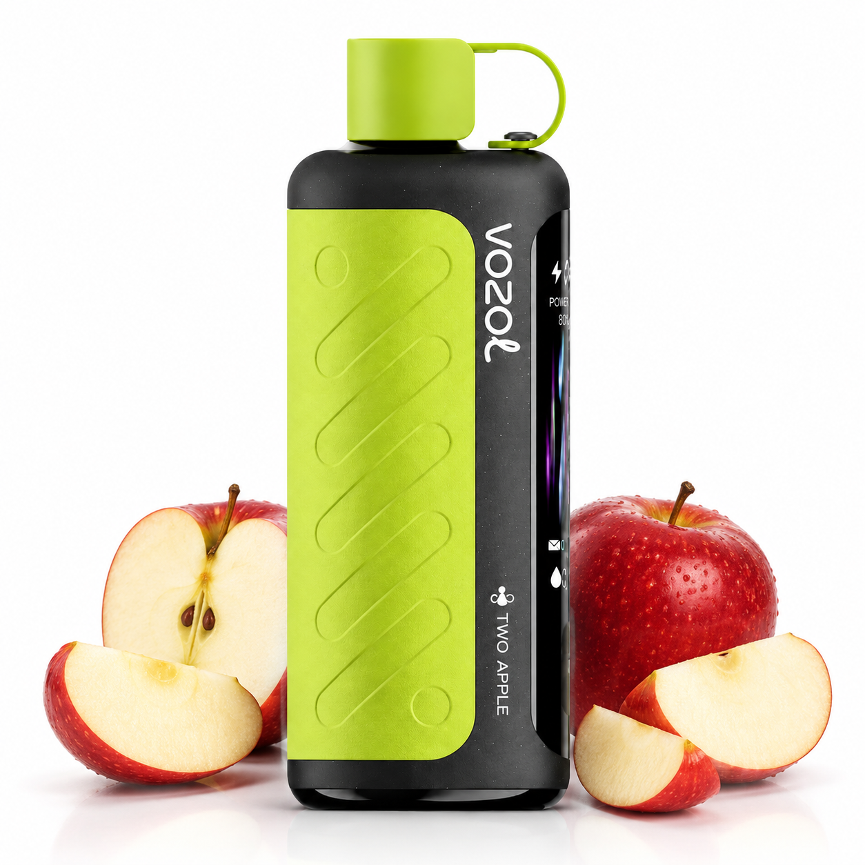 A Vozol Two Apple vape device with a black and lime green body, flanked by fresh red and green apples on a white background.