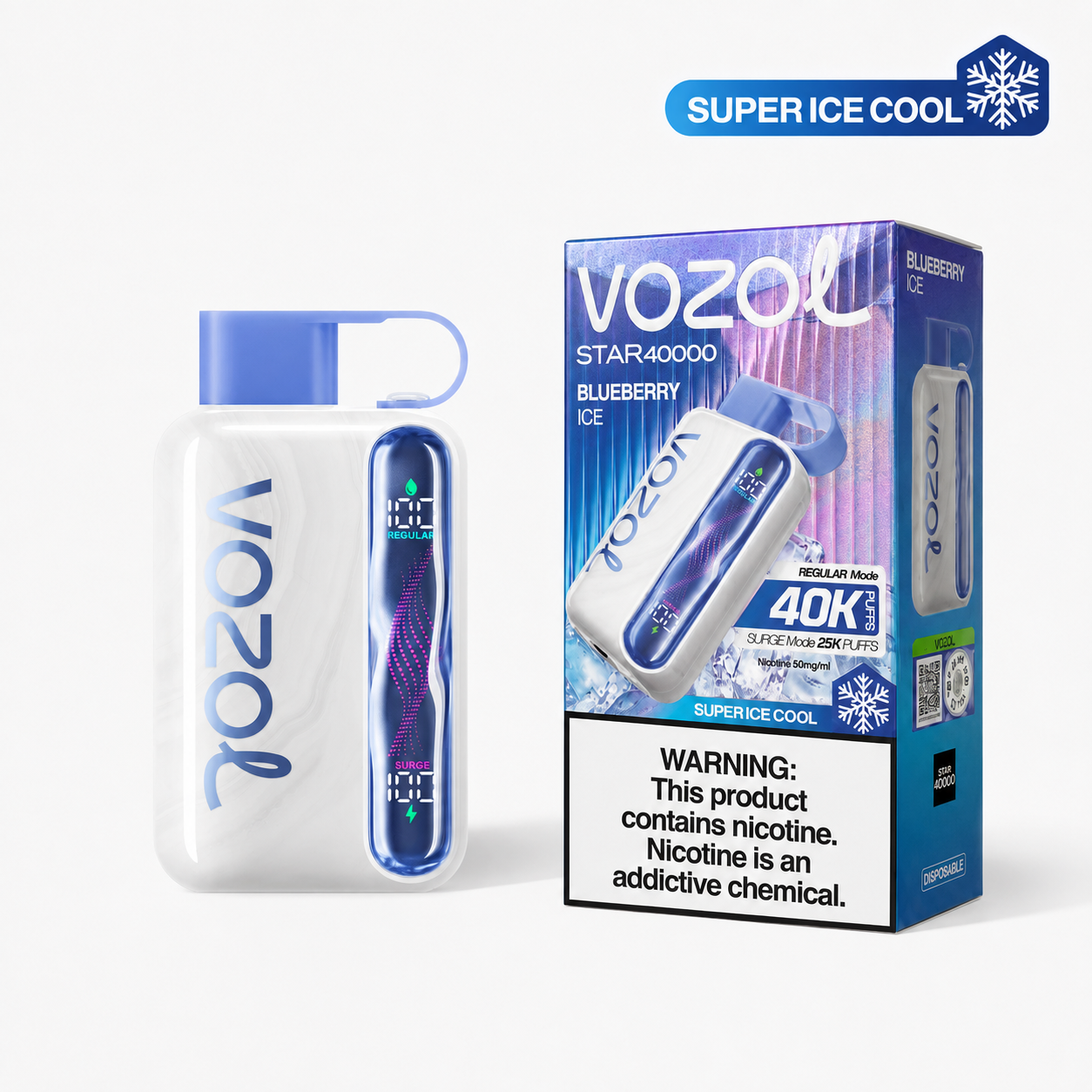 Disposable VOZOL STAR 40K vape device in blue with blueberry ice flavor, featuring a sleek design and vibrant blue color.