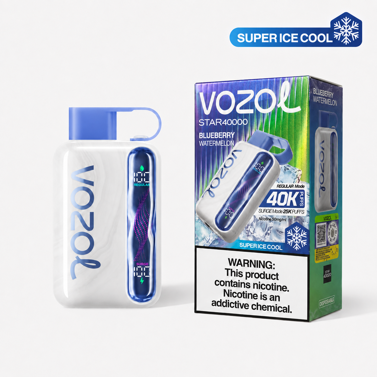 Disposable VOZOL STAR 40K Super Ice Cool vape with blueberry watermelon flavor, shown in blue and pink packaging.