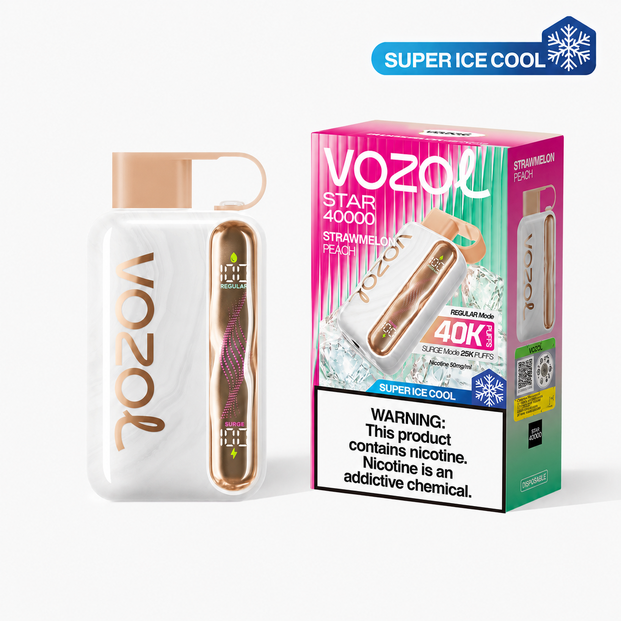 VOZOL STAR 40K Super Ice Cool disposable vape with strawmelon peach flavor, featuring colorful packaging and sleek design.