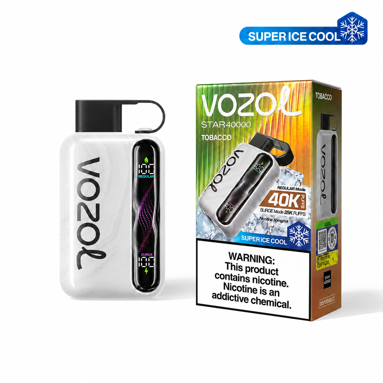 Disposable VOZOL STAR 40K Super Ice Cool Tobacco vape device with sleek design and cool menthol flavor.