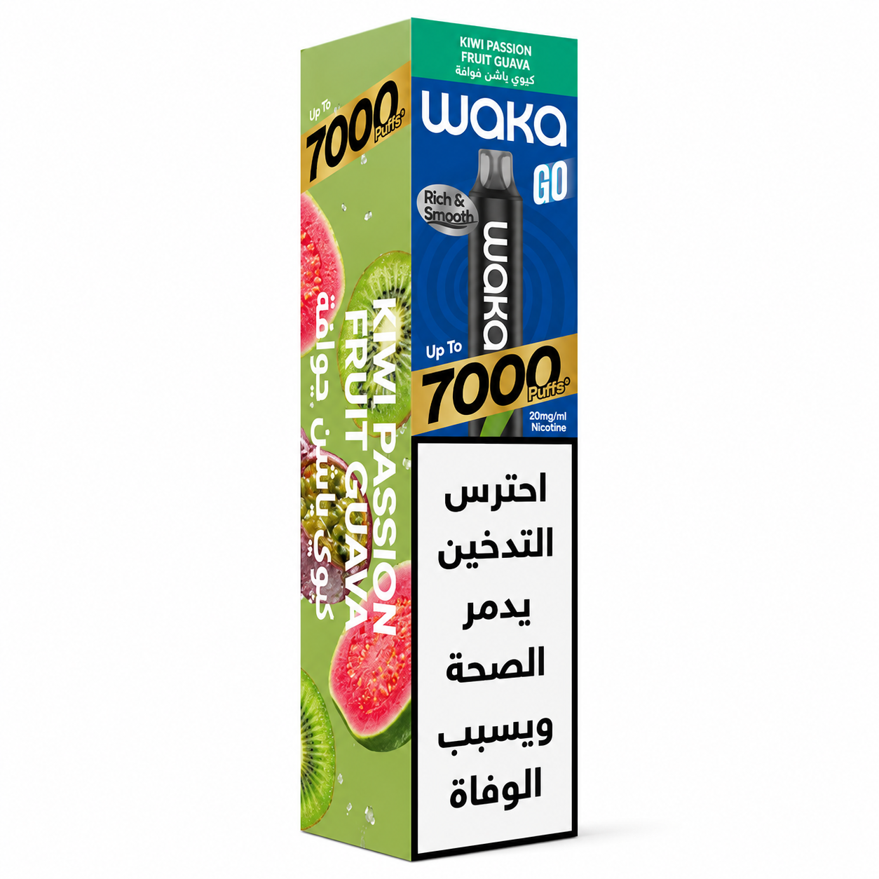 Disposable WAKA GO 7K SERIES puff with kiwi, passion fruit, and guava flavor, showing the colorful packaging and product details.
