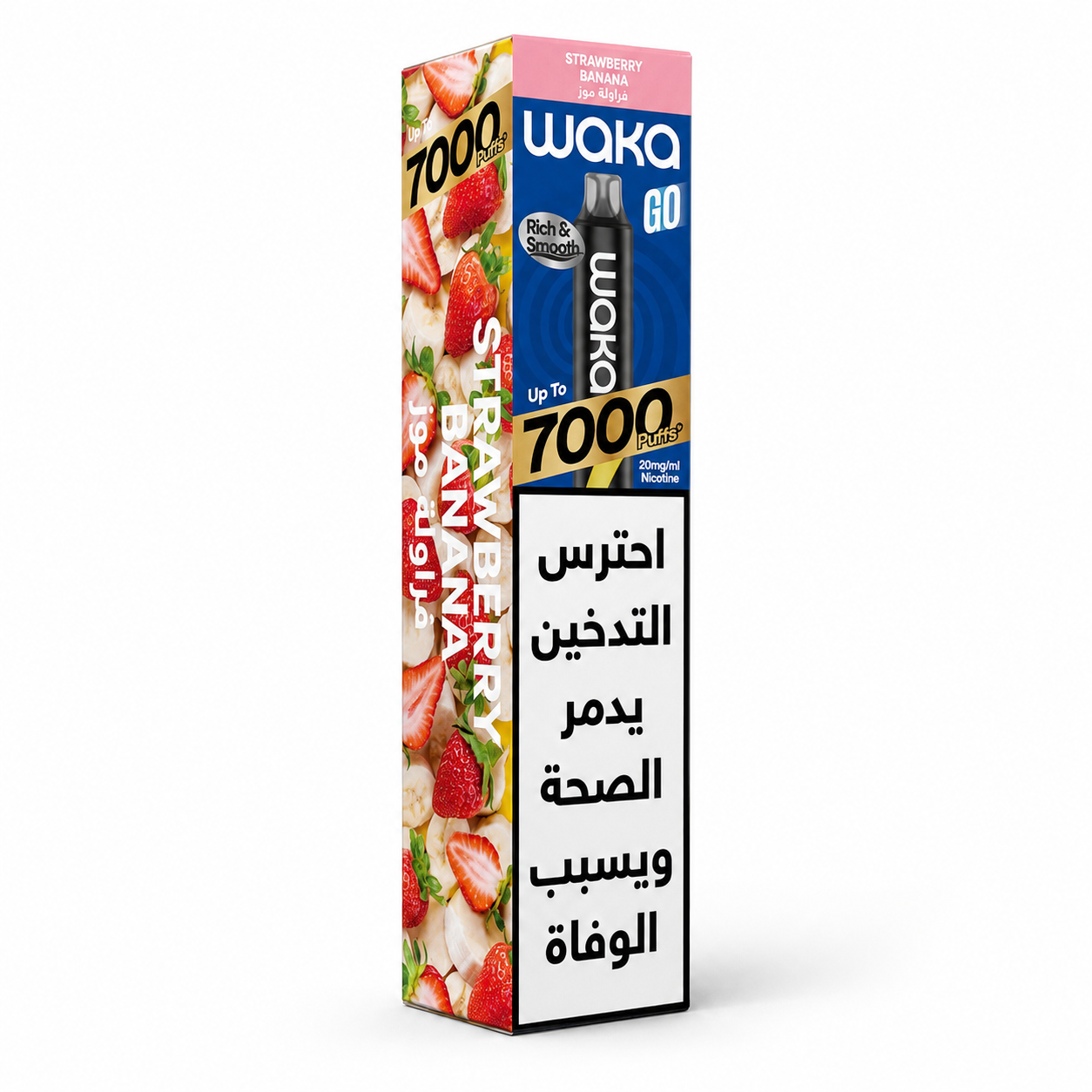 Disposable WAKA GO 7K Series Strawberry Banana vape with colorful packaging and sleek design.