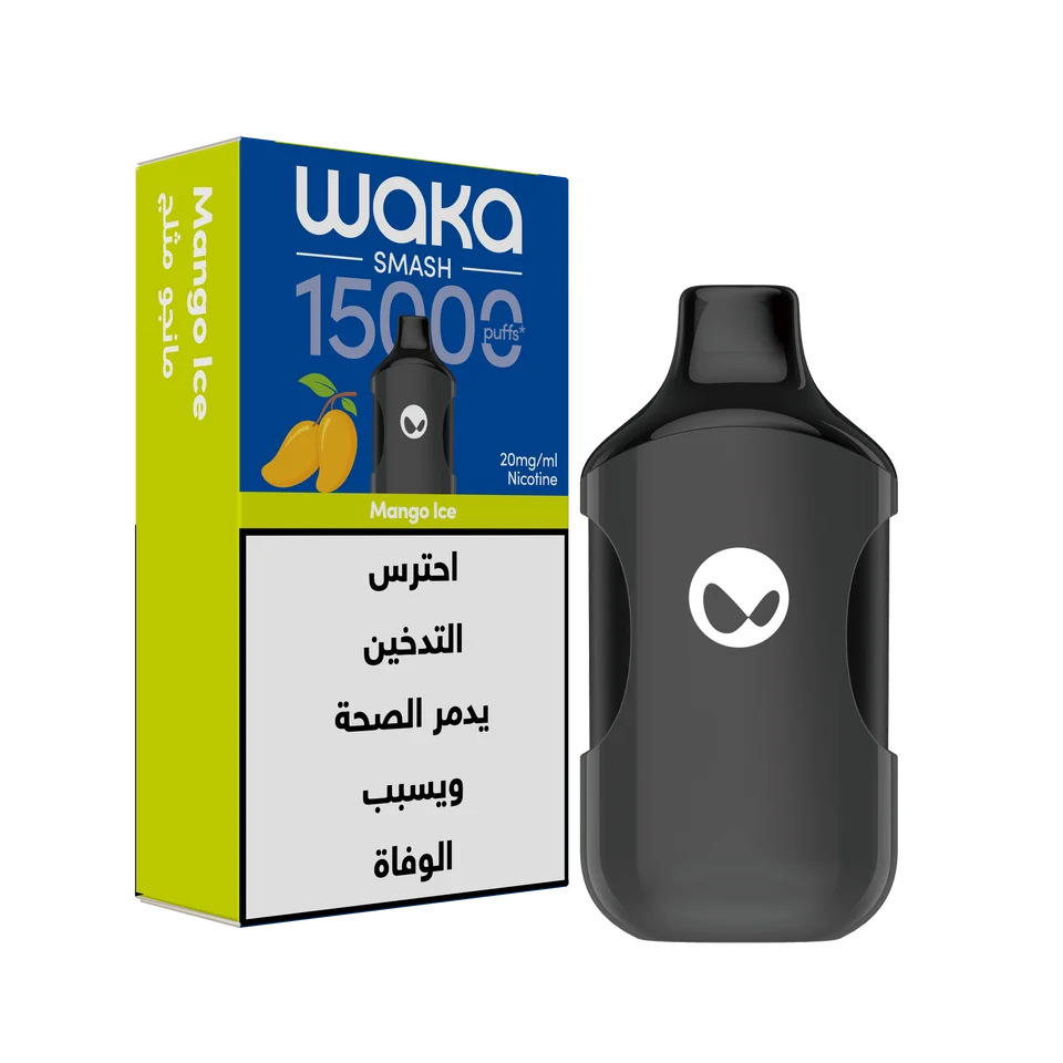 WAKA SMASH 15K SERIES Mango Ice disposable vape with bright packaging showing the mango and ice flavor design.