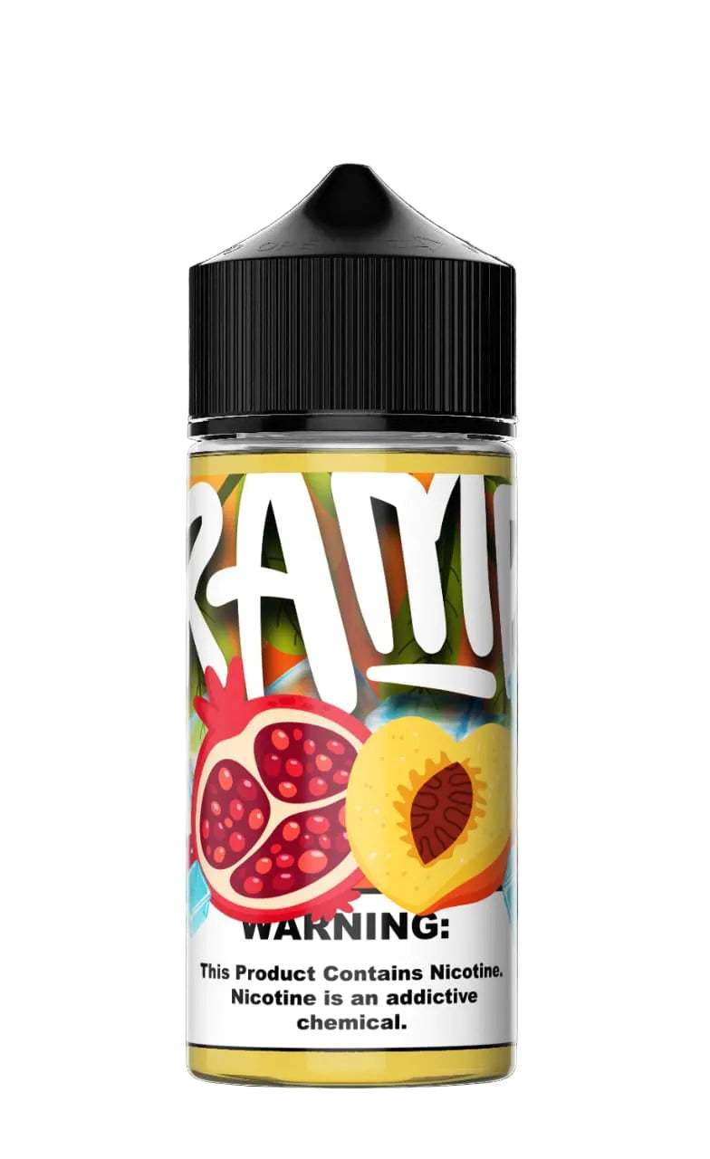 Vape juice bottle with colorful label featuring pomegranate and peach, on a black background.