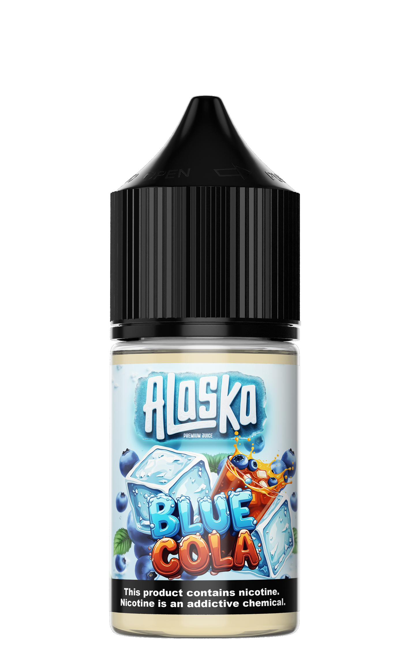 ALASKA Blue Cola salt e-liquid bottle with 30ml size and 30mg nicotine, featuring a blue cola flavor for vaping.