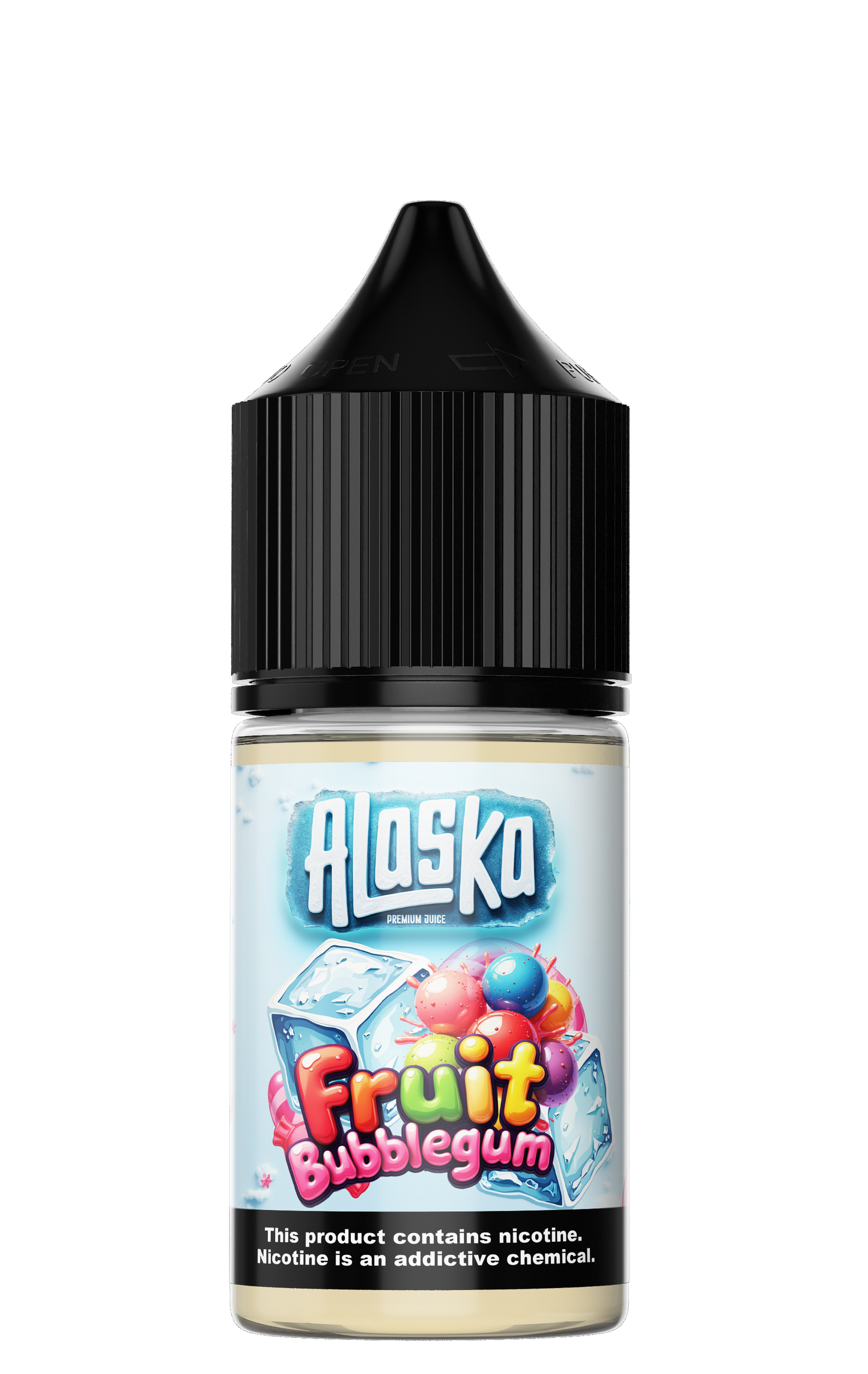 Alaska Fruit Bubblegum Salt E-liquid bottle with 30ml size and 30mg nicotine strength, featuring colorful fruit and bubblegum flavor.