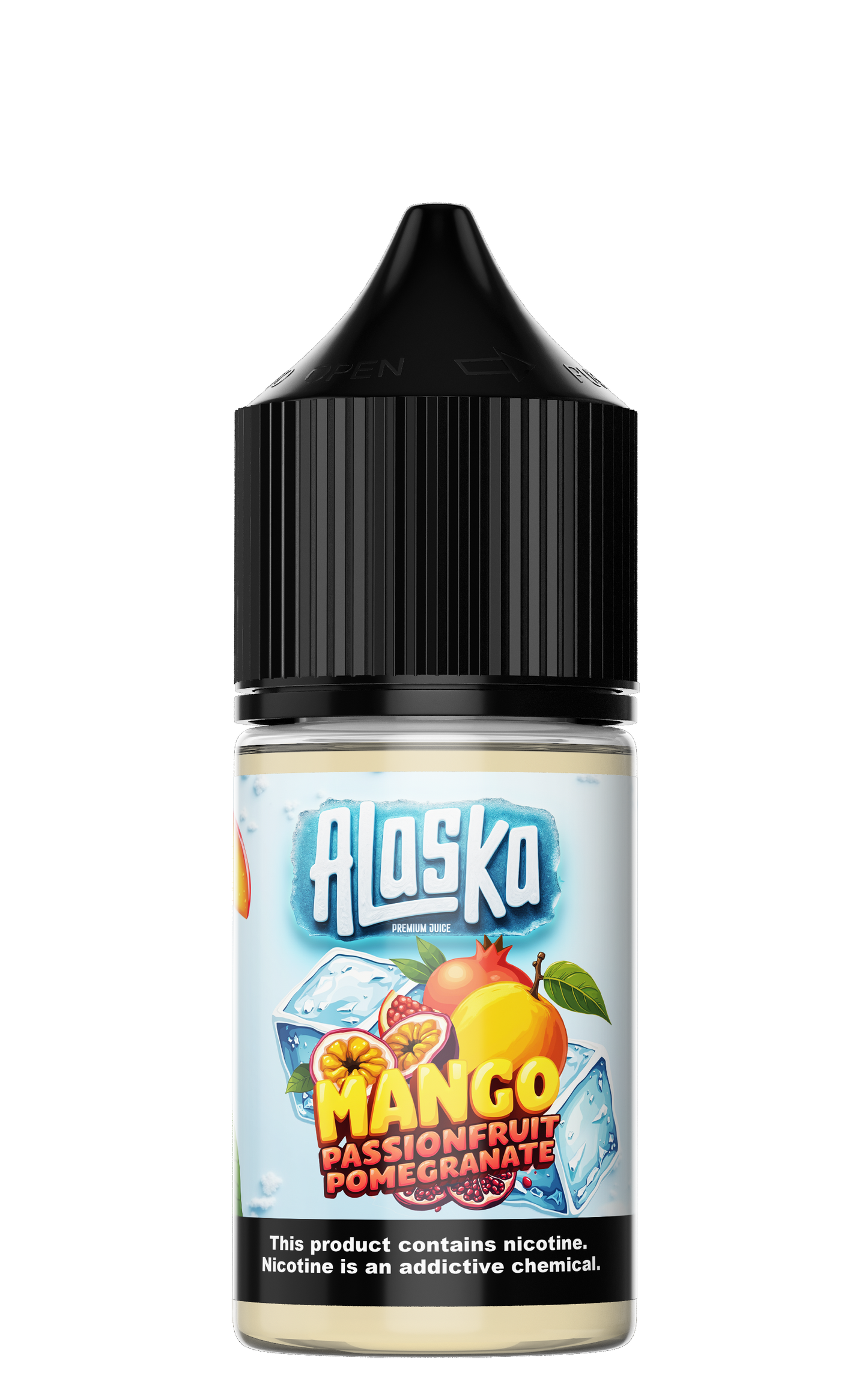 ALASKA Mango Passionfruit Pomegranate Salt E-Liquid bottle with 30ml size and 30mg nicotine, featuring tropical fruit flavor profile.