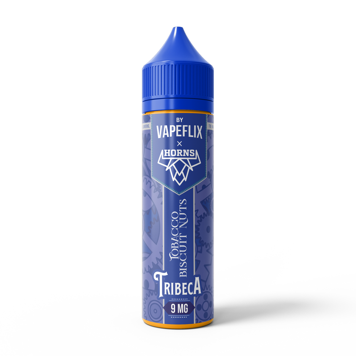Horns Tribeca Tobacco Biscuit Nuts e-liquid bottle, 60ml, 9mg nicotine, bundle pack with detailed label and branding.