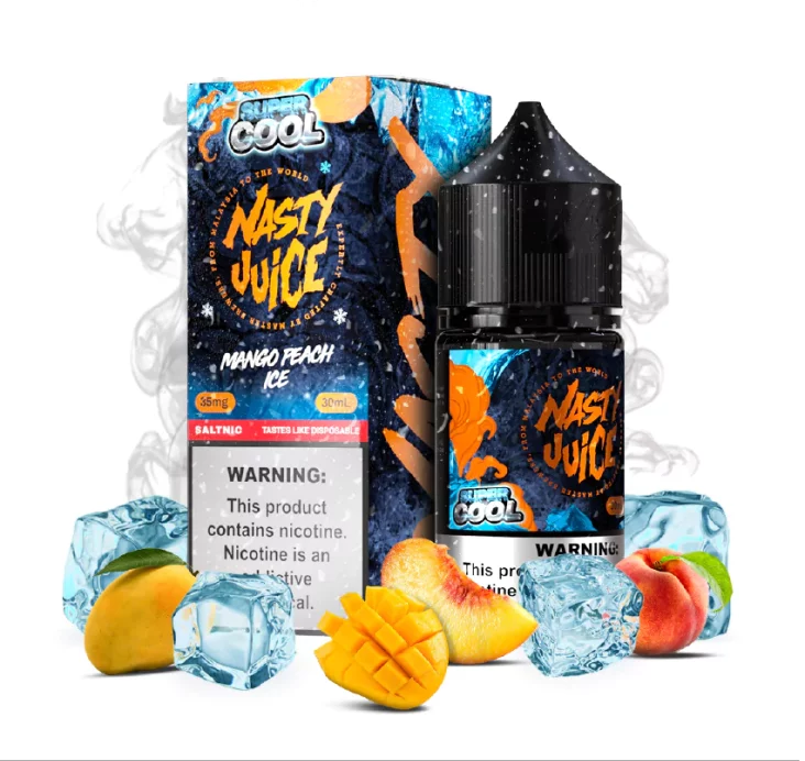 Nasty Juice Mango Peach Ice e-liquid packaging with mangoes, peaches, and ice cubes on a white background.