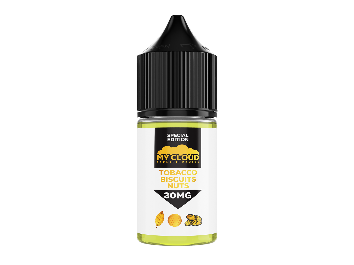 MY CLOUD Tobacco Biscuits Nuts Salt e-liquid bottle with 30ml size and 30mg nicotine salt, featuring tobacco, biscuit, and nut flavors.