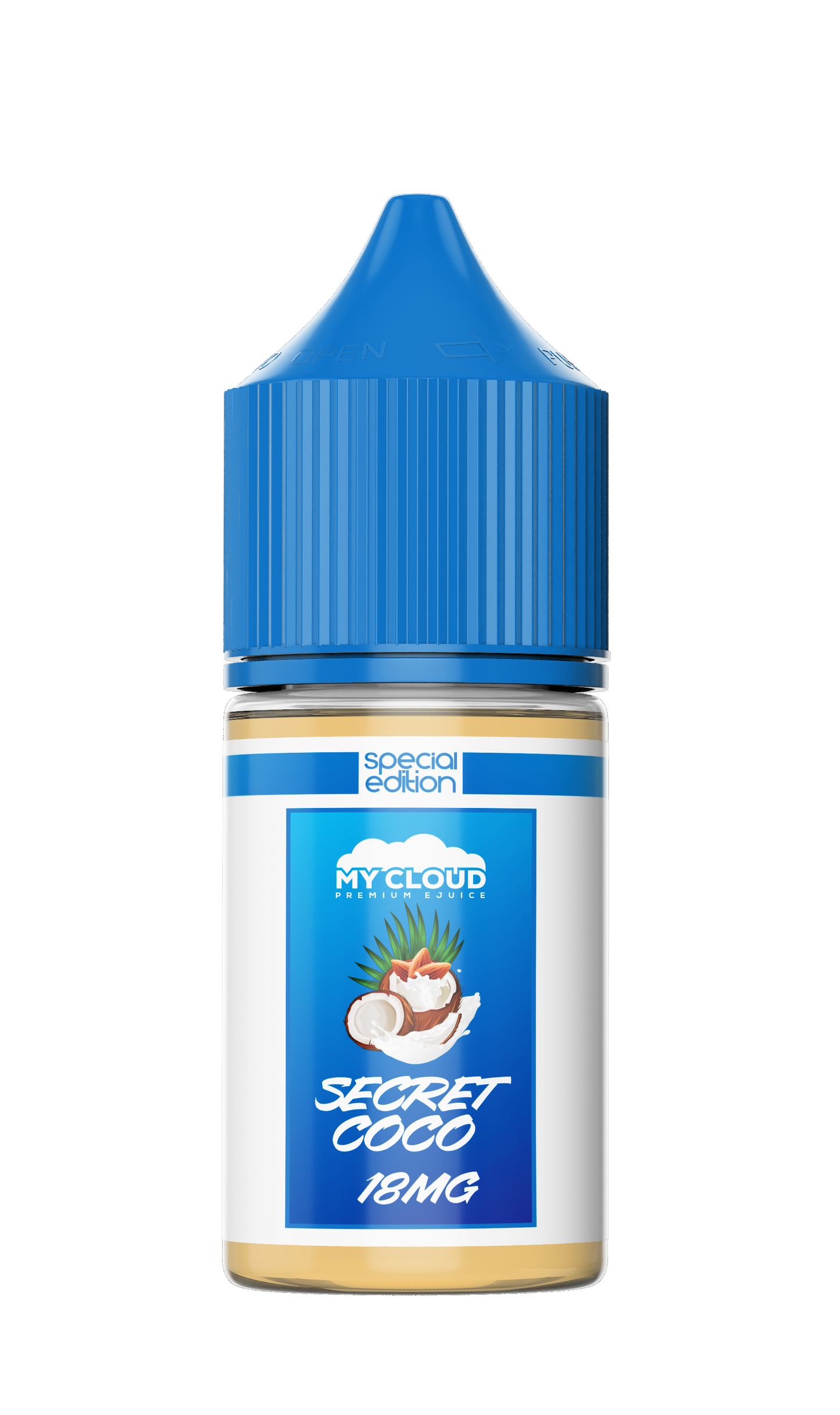 Vape juice bottle with blue cap and label on a white background