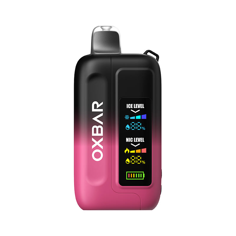 OXBAR ICE-NIC CONTROL 35K disposable vape with strawberry, watermelon, and peach flavor, showing the sleek device with flavor labels.