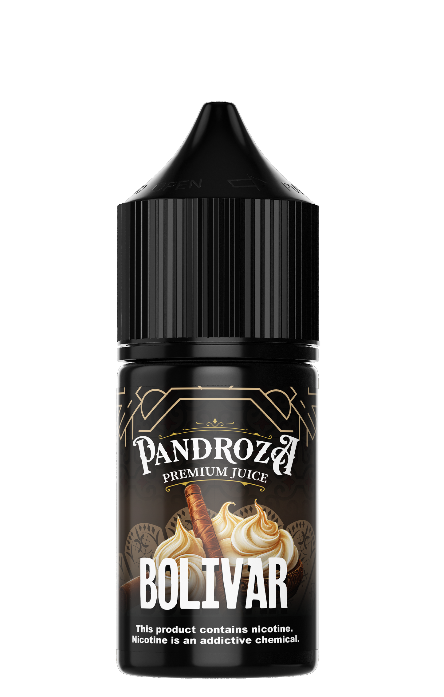 Pandroza Bolivar MTL e-liquid bottle with 30ml size and 6mg nicotine, featuring a clear label and cap.