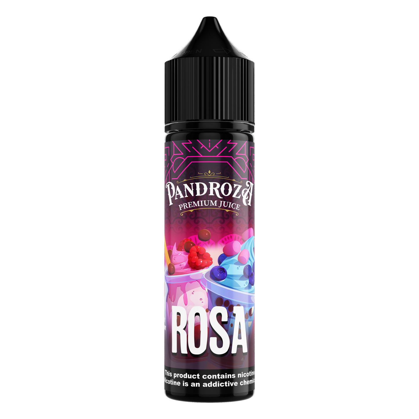Pandroza Rosa MTL e-liquid bottle with pink label and dropper cap, 30ml, 6mg nicotine, for vaping devices.