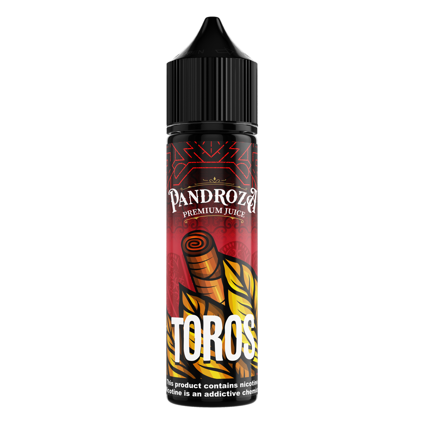 Pandroza Toros MTL e-liquid bottle with 6mg nicotine, 30ml, featuring bold branding and clear labeling.