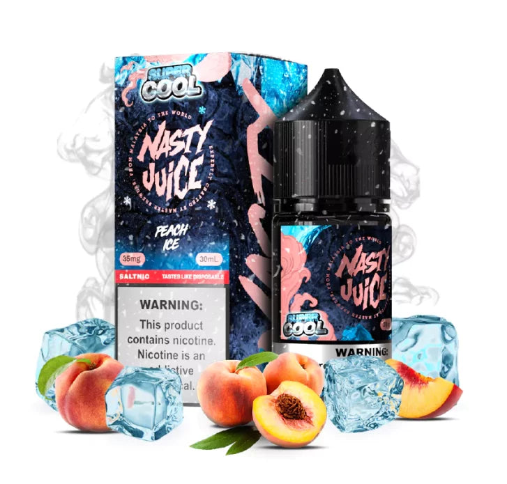 Nasty Juice Peach Ice vape juice packaging with peaches and ice cubes on a white background