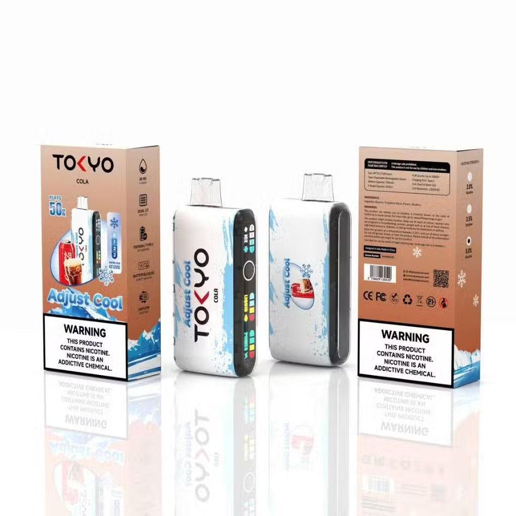 TOKYO Adjust Cool 50K Puffs Cola disposable vape device with salt nicotine, featuring a sleek design and cola flavor.