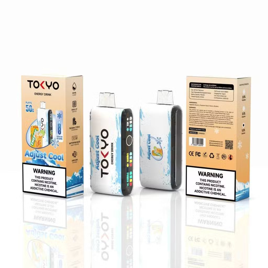 Disposable TOKYO ADJUST COOL 50K Puffs energy drink with sleek packaging, designed for long-lasting energy and refreshment.