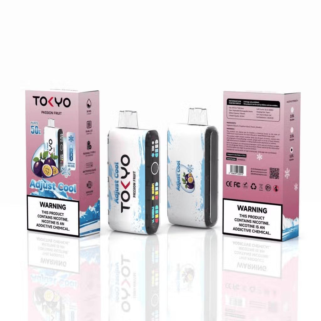 TOKYO ADJUST COOL 50K disposable vape with Passion Fruit flavor, offering 50,000 puffs and 50mg salt nicotine.