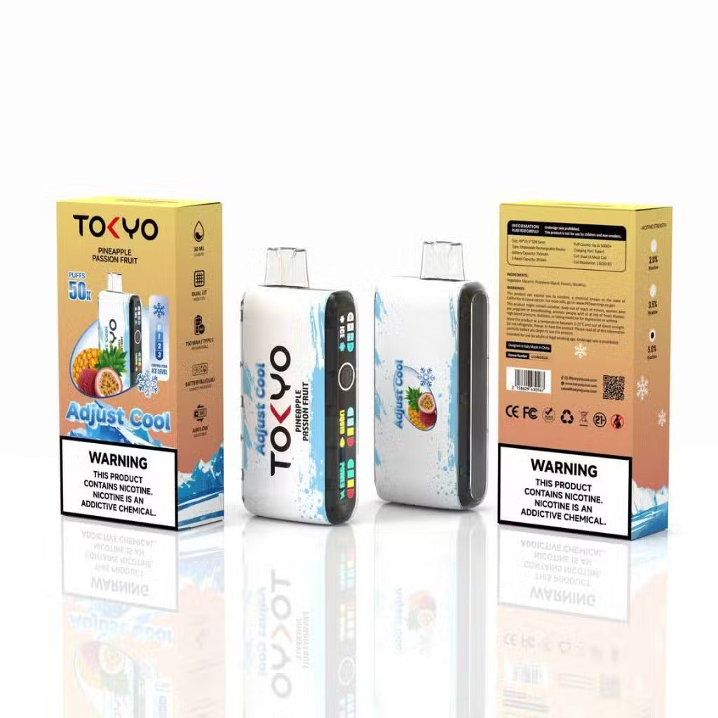 TOKYO ADJUST COOL 50K disposable vape with Pineapple Passion Fruit flavor, showing the sleek device with colorful branding.