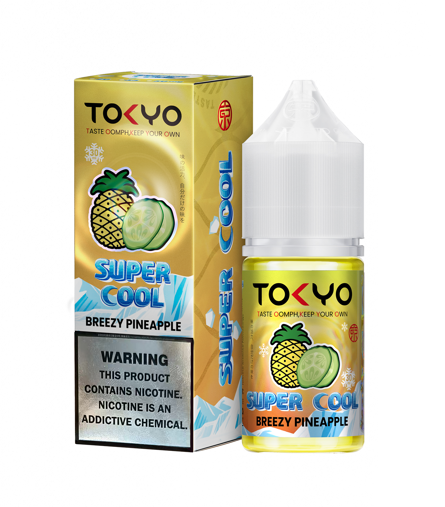 TOKYO Super Cool Breezy Pineapple 30ml Salt E-Liquid bottle with vibrant pineapple flavor and sleek packaging.