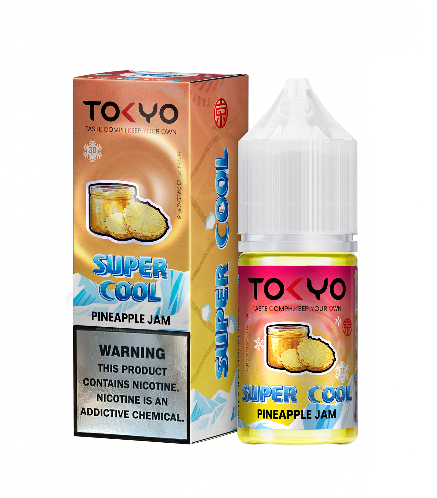 TOKYO Super Cool Pineapple Jam Salt E-Liquid 30ml bottle with vibrant label, featuring tropical pineapple imagery and salt nicotine branding.