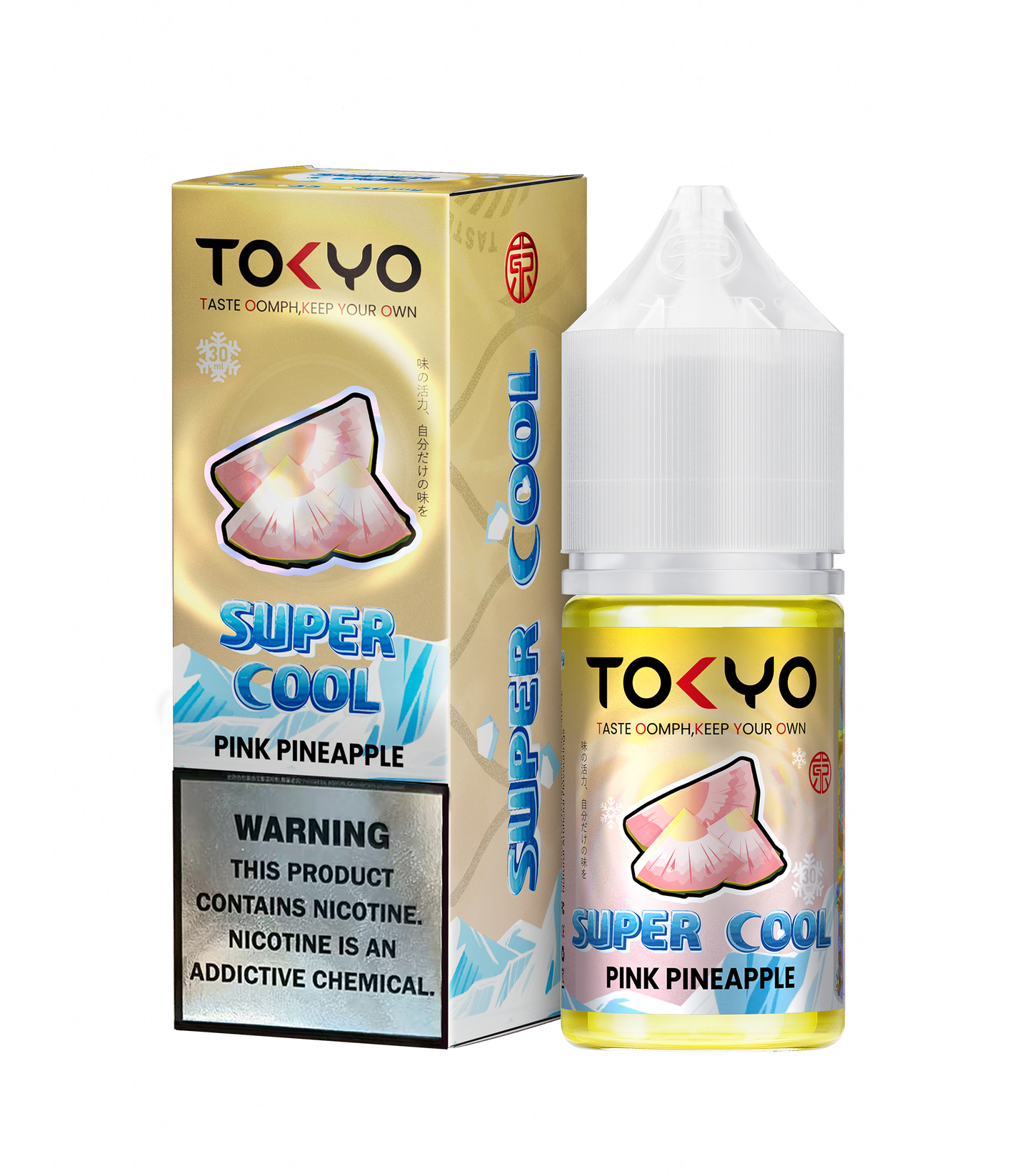 TOKYO Super Cool Pink Pineapple 30ml salt e-liquid bottle with vibrant pink pineapple label, designed for vaping.
