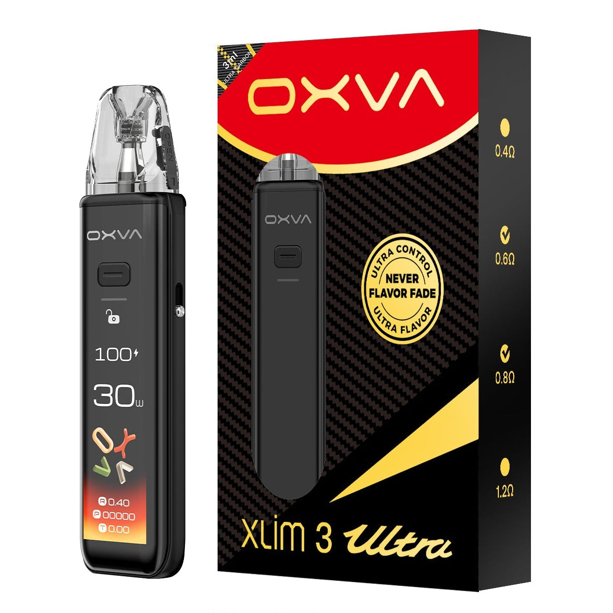 OXVA Xlim 3 Ultra vaping device and packaging on a white background
