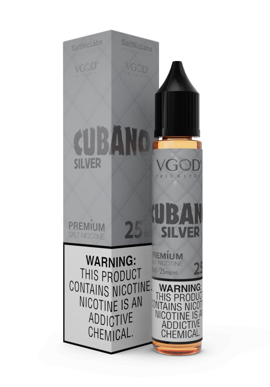 VGOD Cubano Silver 30ml salt e-liquid bottle with silver branding and clear label, designed for vape devices.
