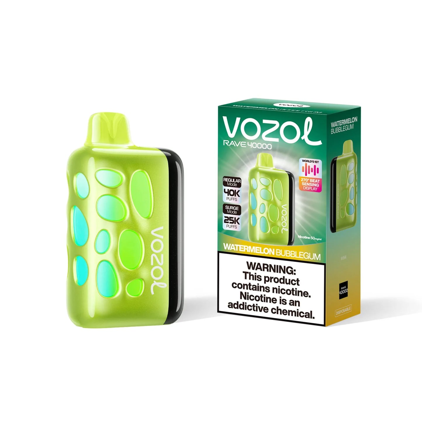 VOZOL RAVE 40K disposable vape with Watermelon Bubblegum flavor, 50mg salt nicotine, showcasing the colorful vape device.