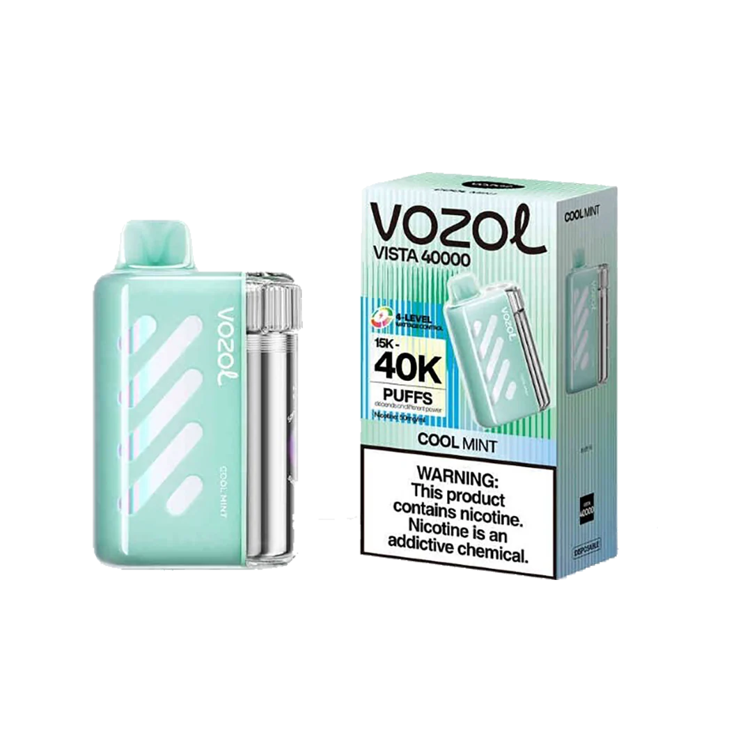 VOZOL Vista 40K Puffs disposable vape in Cool Mint, part of VOZOL VISTA SERIES, showing the sleek device with mint flavor packaging.