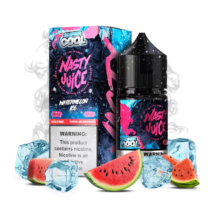 Nasty Juice Watermelon Ice e-liquid packaging with watermelons and ice cubes on a white background