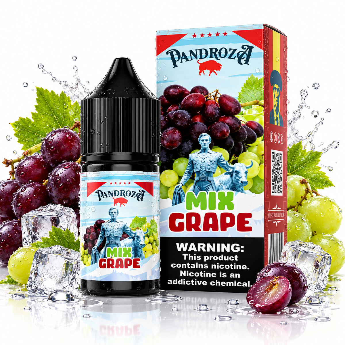 PANDROZA MIX GRAPE SUPER COOL salt e-liquid bottle with colorful label and clear liquid inside for vaping.