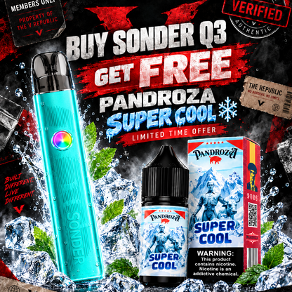 GEEKVAPE SONDER Q 3 pod kit with sleek design, accompanied by free Pandroza Super Cool e-liquid in a modern vaping setup.