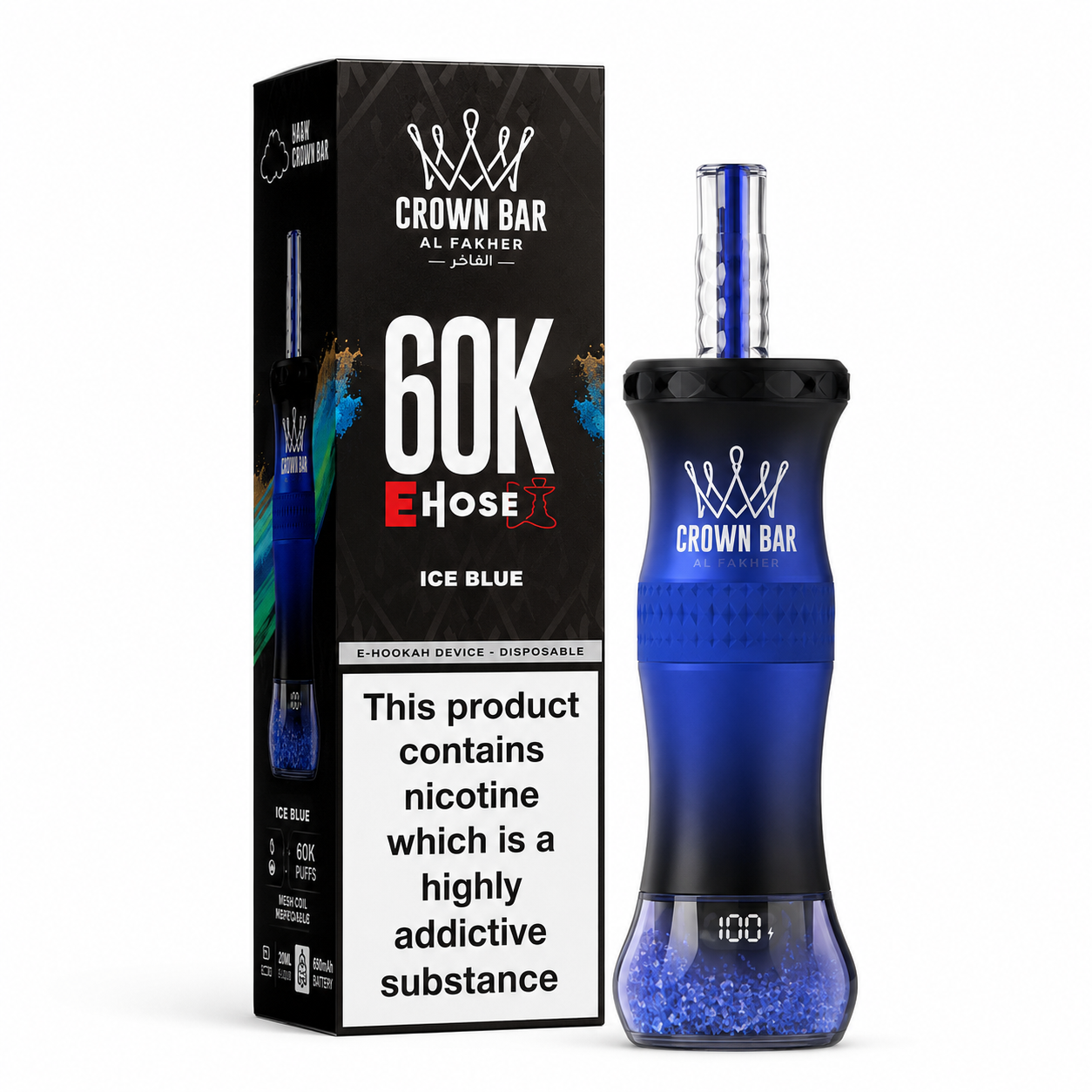 A blue and black Crown Bar 60K E Hose disposable e-hookar device standing next to its black packaging box on a white background.