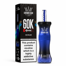 A blue and black Crown Bar 60K E Hose disposable e-hookar device standing next to its black packaging box on a white background.