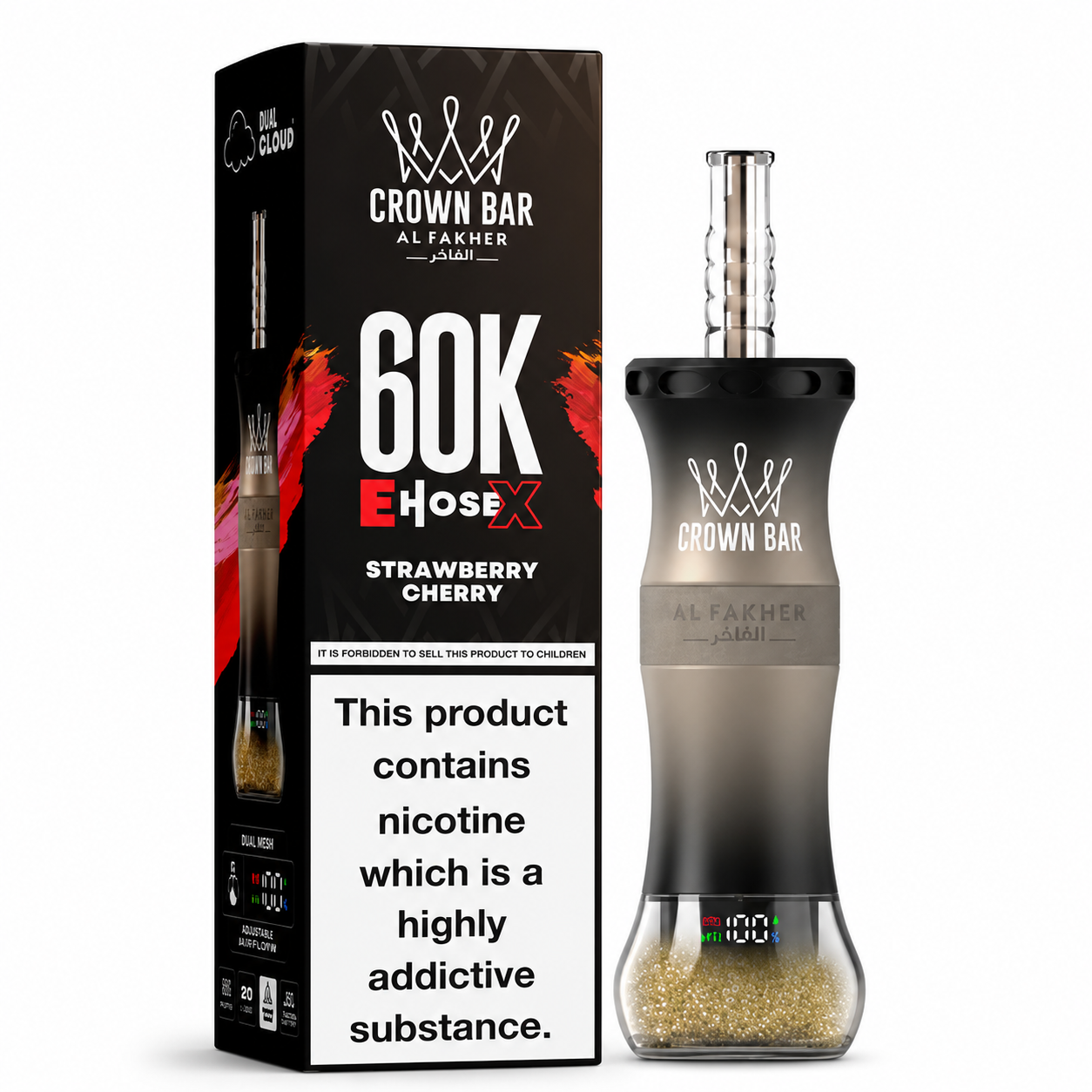 A Crown Bar Alf Farmer HoseX disposable vape device next to its retail packaging box. The device has a translucent smoky gray body, a metallic silver mouthpiece, and a clear base filled with gold-colored crystals.