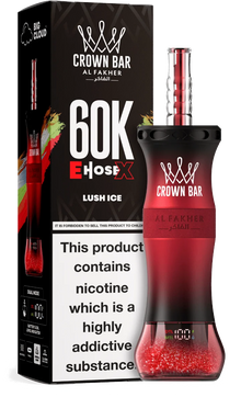 Disposable Al Fakher Crown Bar E Hose with 60,000 puffs in lush ice flavor, featuring a sleek design and vibrant colors.