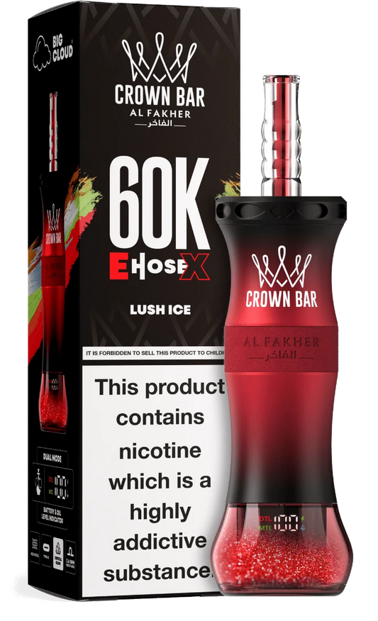 Disposable Al Fakher Crown Bar E Hose with 60,000 puffs in lush ice flavor, featuring a sleek design and vibrant colors.