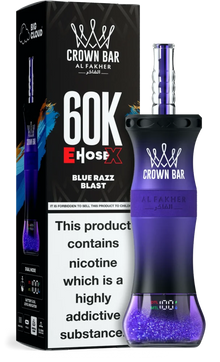 Disposable AL FAKHER Crown Bar E-Hose with Blue Razz Blast flavor, featuring vibrant blue and purple design, 60,000 puffs.