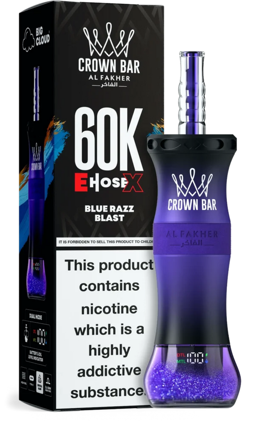 Al Fakher Crown Bar E-Hose disposable vape with Blue Razz Blast flavor, 60,000 puffs, featuring a sleek blue design.