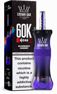 Disposable Al Fakher Crown Bar E Hose with 60k puffs in blueberry cherry flavor, showcasing the sleek e-hookah device.