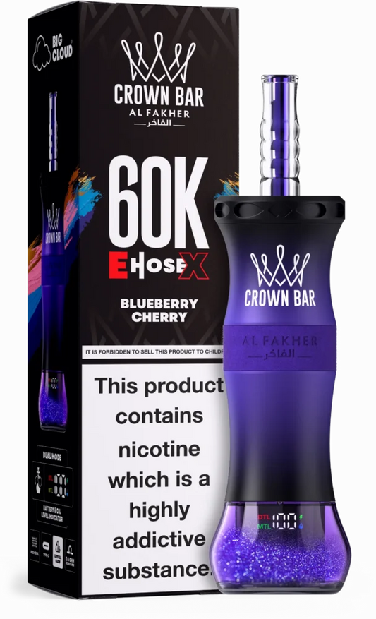 Al Fakher Crown Bar E Hose disposable vape with blueberry cherry flavor, featuring blue and cherry-colored design and 60,000 puffs.