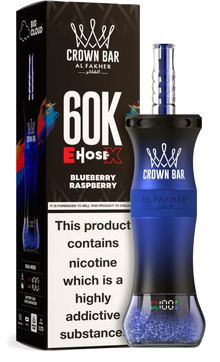 Disposable Al Fakher Crown Bar E Hose with 60,000 puffs in blueberry raspberry flavor, shown with vibrant blue and raspberry colors.