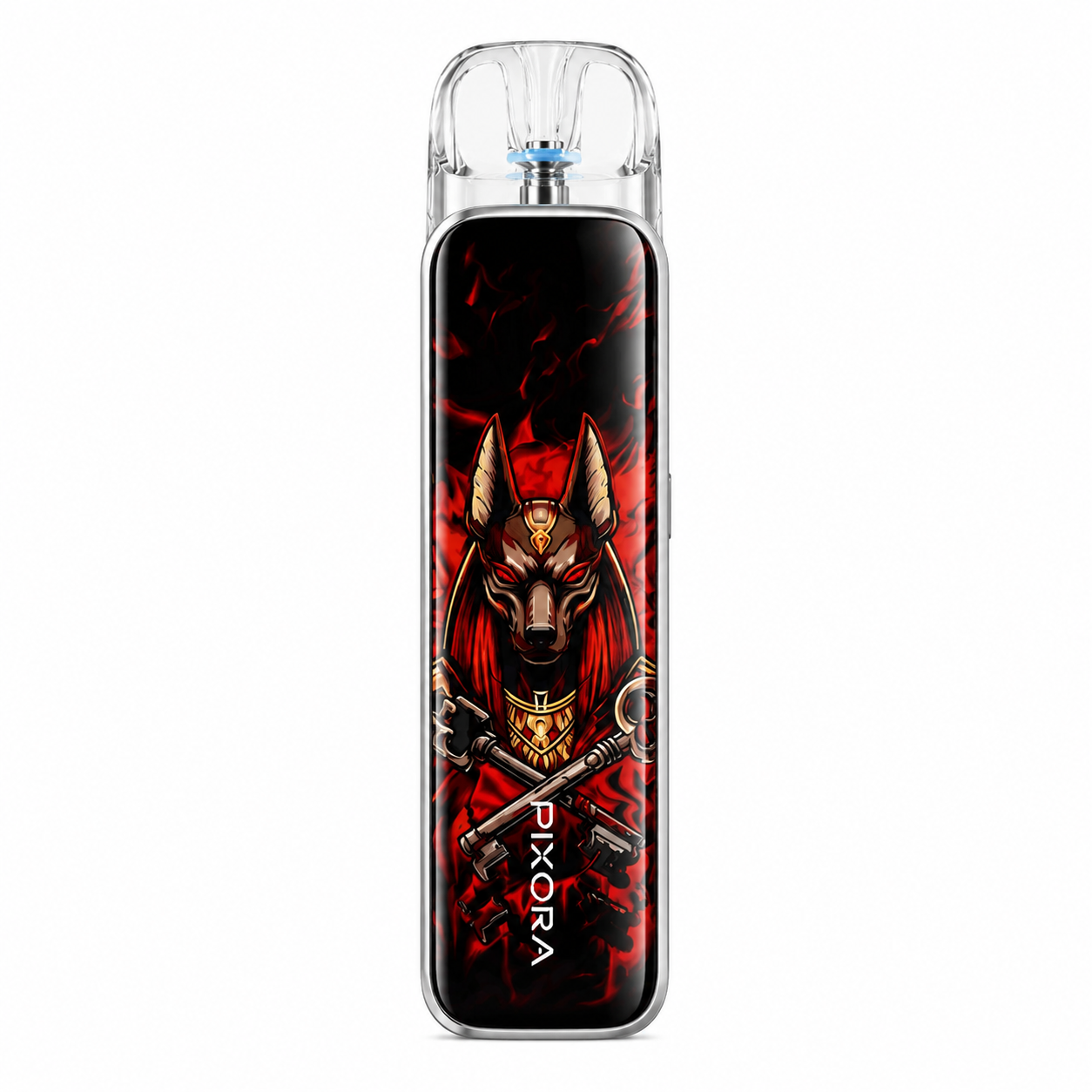 A Pixora vape device with a clear mouthpiece and a black body featuring a graphic of an Egyptian Anubis dog-headed figure in red and gold, on a white background.