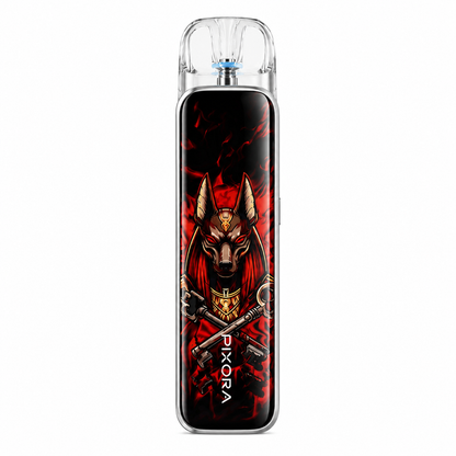 A Pixora vape device with a clear mouthpiece and a black body featuring a graphic of an Egyptian Anubis dog-headed figure in red and gold, on a white background.