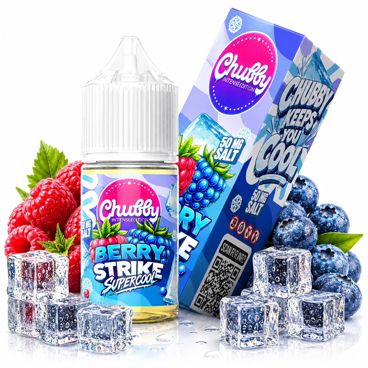 Chubby Berry Strike Super Cool salt e-liquid bottle, 30ml, 50mg nicotine, featuring berry and cool mint flavor.