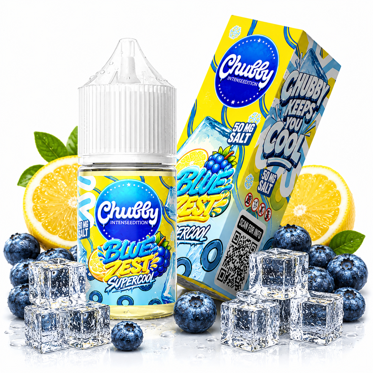 CHUBBY Blue Zest Super Cool salt e-liquid bottle with blue and orange label, 50mg nicotine strength, designed for vaping.