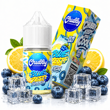 CHUBBY Blue Zest Super Cool salt e-liquid bottle with blue and orange label, 50mg nicotine strength, designed for vaping.